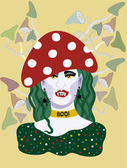 Vector isolated illustration of a witch. Halloween personage in a hat in form of agaric.