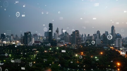 Business data analytic interface fly over smart city showing alteration future of business intelligence. Computer software and artificial intelligence are used to analyze big data for strategic plan .