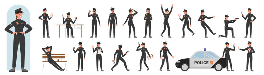 Female police officer character poses set vector illustration. Cartoon young woman in uniform and cap standing near car, holding pistol and walkie talkie, traffic ticket and coffee isolated on white