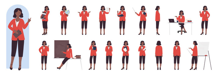 African american black female teacher poses in front, side and back view, gestures set vector illustration. Cartoon woman in suit sitting and standing, confident professional speaker teaching