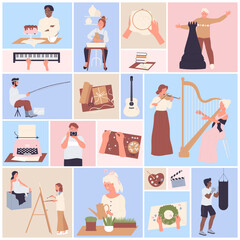 Fototapeta na wymiar Workshop, creation activity and hobby of people set vector illustration. Cartoon woman painting and planting, girls play harp, man baking, fishing and boxing in geometric square collage background