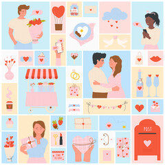 Love, Valentines day set vector illustration. Cartoon woman and man give and receive gifts on date, marriage rings, floral bouquet, bottle of champagne and glasses in geometric collage background