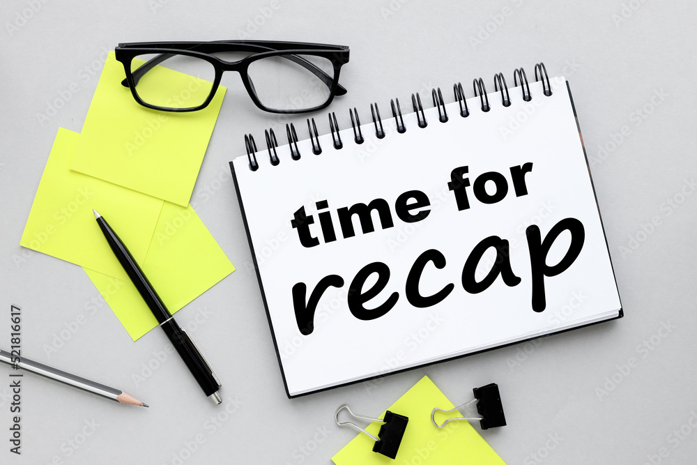 Poster text time for recap yellow stickers and glasses. beautiful layout for your text. text on gray backgr