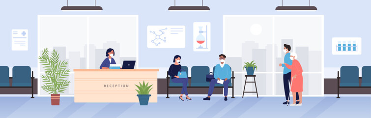 Hospital lobby with receptionist at reception counter and patients in medical masks vector illustration. Cartoon people wait first aid, doctors appointment or information in office background