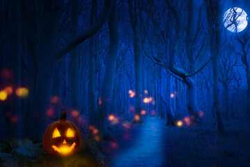 haunted forest at blue moon halloween night, jack o lantern with spooky lights like specters...