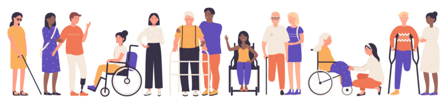 Diverse multiethnic group of old and young people with disabilities set vector illustration. Cartoon happy characters sitting in wheelchair, standing on prosthesis or crutches isolated on white