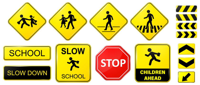 Set of school signs zone vector. Pedestrian. Road and Traffic signs.