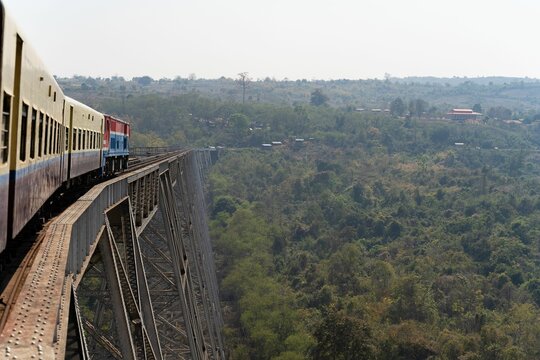 Beautiful shot of a Train on the Goteik viaduct in Myanmar