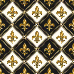 Staggered vintage black and white pattern with gold heraldic lily flowers, gold chains, buttons. Classic square grid. Vector fleur de lis seamless background © OA_Creation