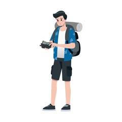 Young happy man tourist flat cartoon character. Traveling male people on summer vacation trip, Isolated on white background.