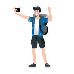 Young happy man tourist flat cartoon character. Traveling male people on summer vacation trip, Isolated on white background.
