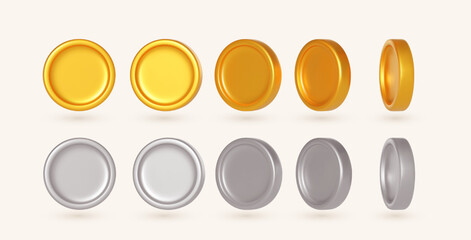 Set of realistic vector concept of golden and silver coins. Spinning gold, silver coins in many views rotate in different angles. Collection of rotating coins. Vector 3d illustration.