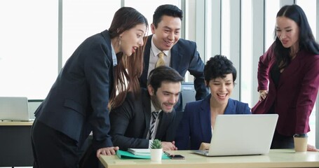 Manager informs good news to team about success project management. Businessman and Businesswoman meeting and brainstorm ideas with shareholders in corporate office.