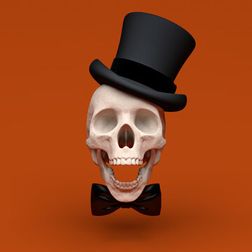 Halloween skull with black bow tie and top hat on orange. Stylish trendy party invitation concept.
