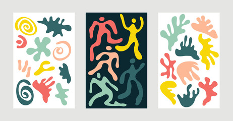 Fototapeta na wymiar Set of abstract illustrations in the style of Matisse, exotic summer doodles, corals, dancing people, flowers. Modern, geometric and organic shapes to create logos, patterns, posters, covers, postcard