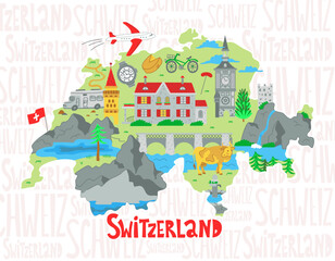 Stylized map of Switzerland. Illustration of Swiss landmarks, nature and symbols. Vector flat illustration