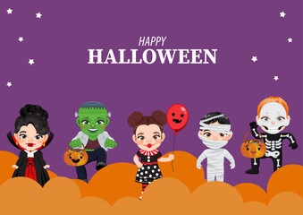 Halloween party banner or background with happy kids in Halloween costumes vector
