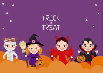 Fototapeta na wymiar Halloween party banner or background with happy kids in Halloween costumes vector