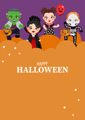 Halloween party invitation template card with kids in Halloween costumes vector