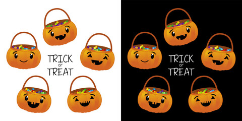 Fototapeta premium Halloween pumpkin candy container and basket flat icon on white and black background vector