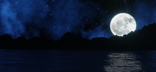 The big moon shines behind the sea and mountains with stars and clouds in the background.  3D rendering.
