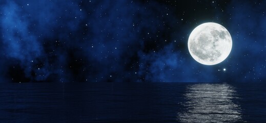 Naklejka na ściany i meble The big moon shines behind the sea with stars and clouds in the background. 3D rendering.