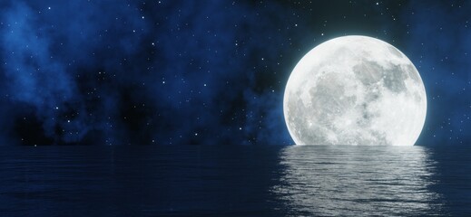 The big moon shines behind the sea with stars and clouds in the background.  3D rendering.