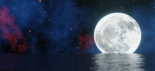 The big moon shines behind the sea with stars and colorful clouds