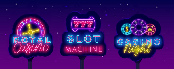 Casino neon signboardss collection. Glowing street billboards set. Royal casino. Vector stock illustration