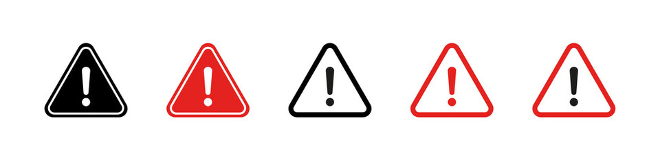 Set of hazard warning signs, black, and red triangle warning safety and caution signs. Information security hazard vector symbol, warning attention icon. - obrazy, fototapety, plakaty