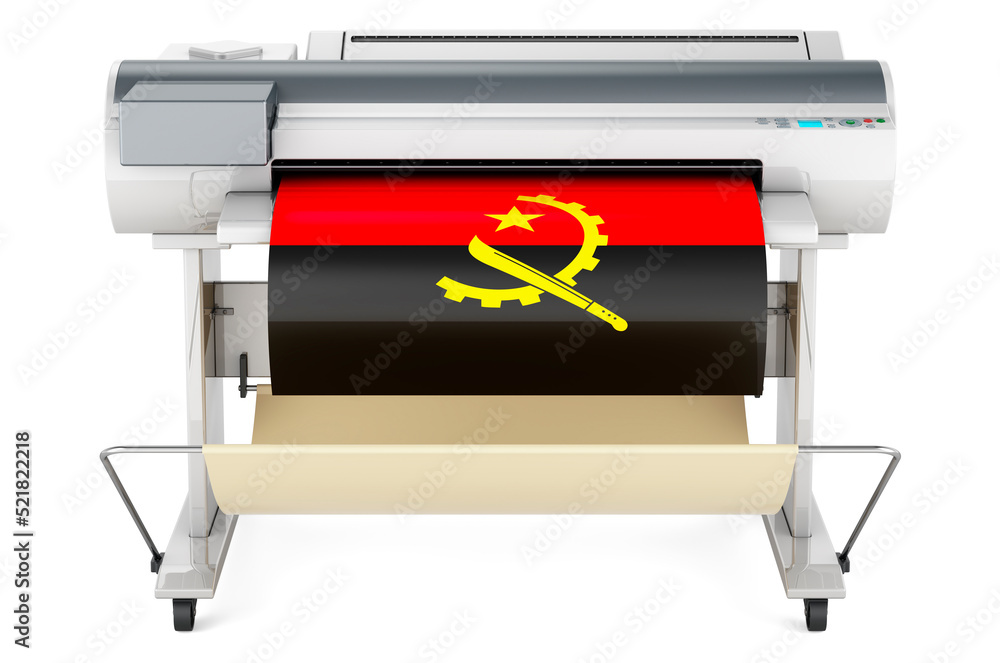 Poster wide format printer, plotter with angolan flag. 3d rendering