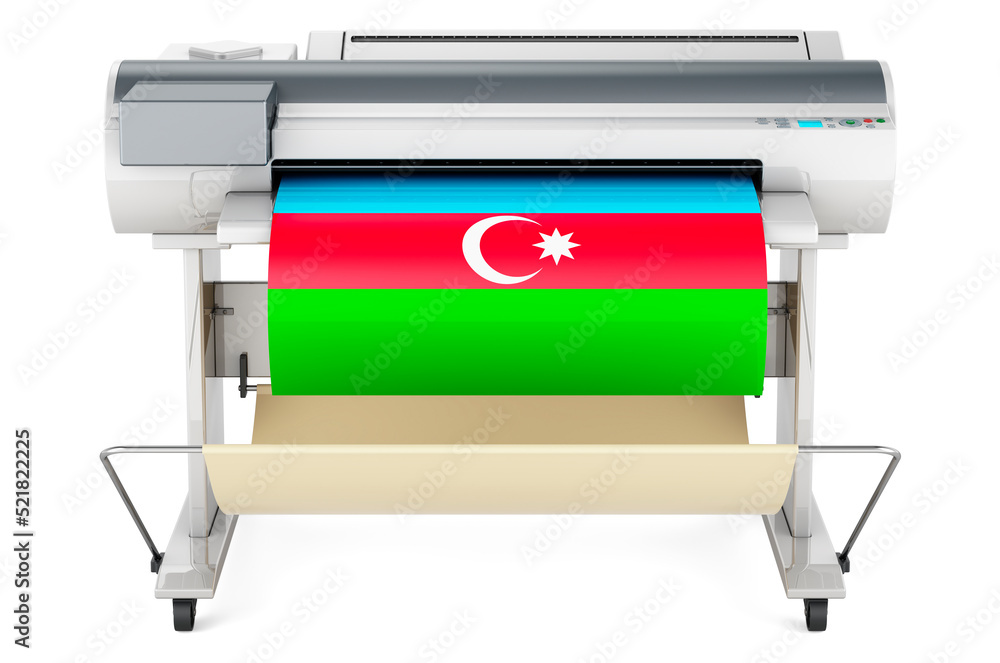 Poster wide format printer, plotter with azerbaijani flag. 3d rendering
