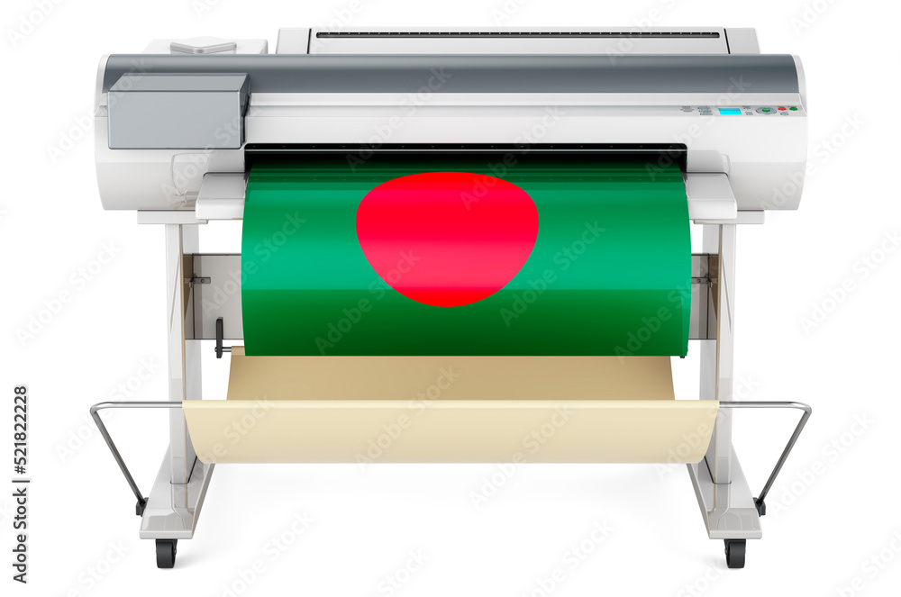 Poster wide format printer, plotter with bangladeshi flag. 3d rendering