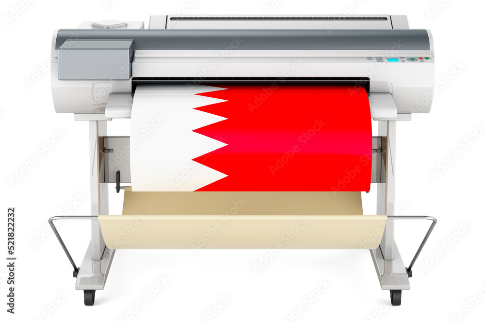 Poster wide format printer, plotter with bahraini flag. 3d rendering