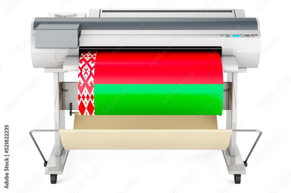 Poster wide format printer, plotter with belarusian flag. 3d rendering