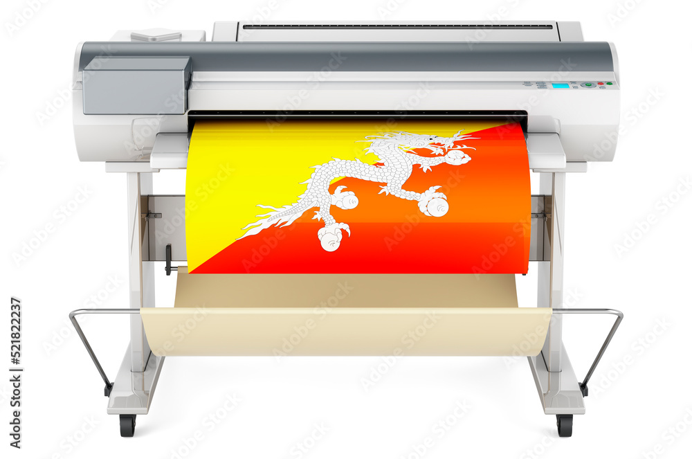 Poster wide format printer, plotter with bhutanese flag. 3d rendering