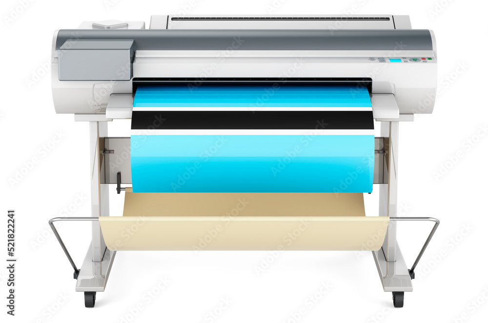 Poster Wide format printer, plotter with Botswanian flag. 3D rendering