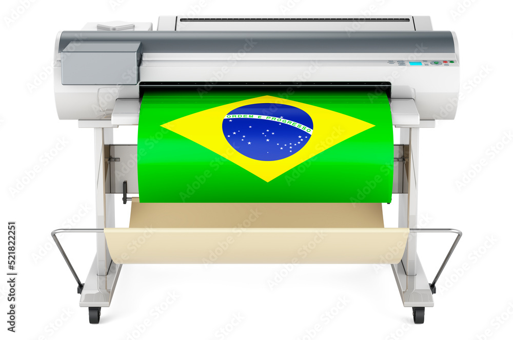 Poster wide format printer, plotter with brazilian flag. 3d rendering