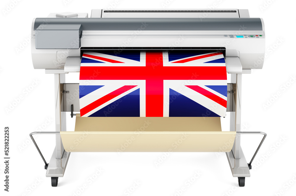 Poster wide format printer, plotter with british flag. 3d rendering