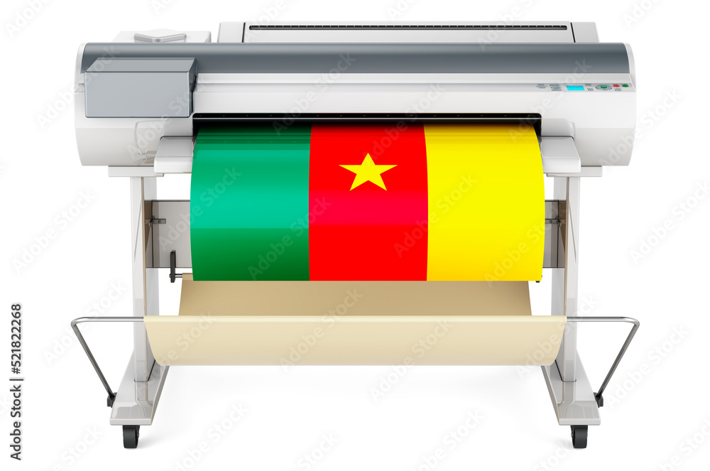 Poster wide format printer, plotter with cameroonian flag. 3d rendering