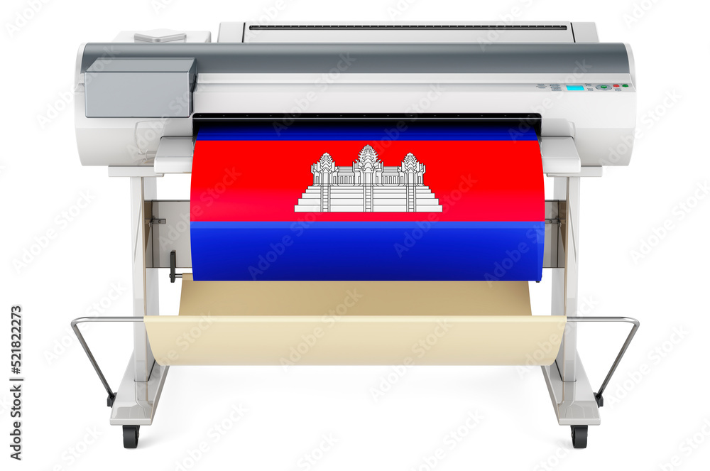 Poster wide format printer, plotter with cambodian flag. 3d rendering
