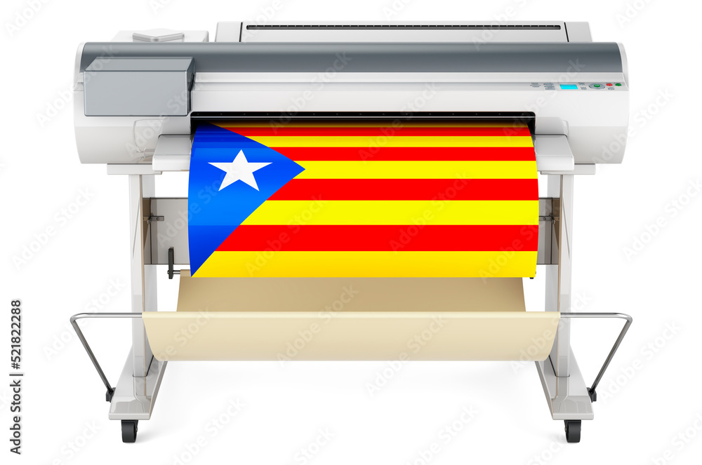 Poster wide format printer, plotter with catalan flag. 3d rendering