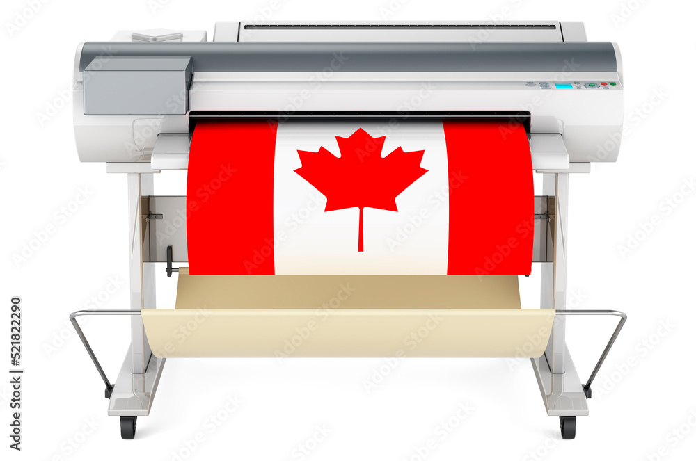 Poster wide format printer, plotter with canadian flag. 3d rendering