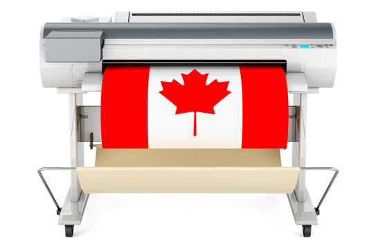 Wide format printer, plotter with Canadian flag. 3D rendering