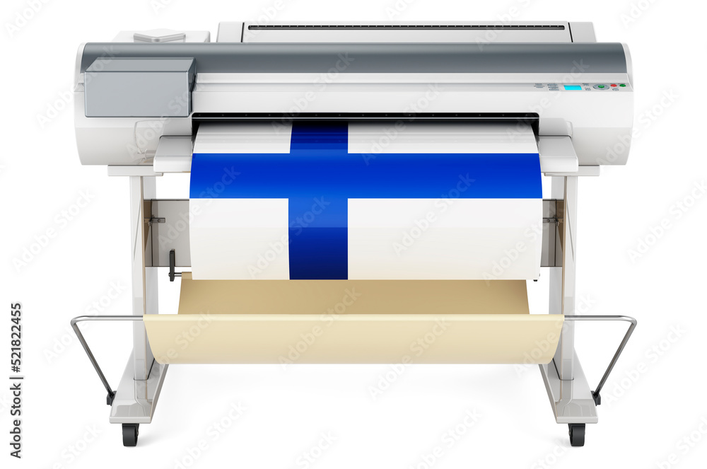 Poster wide format printer, plotter with finnish flag. 3d rendering