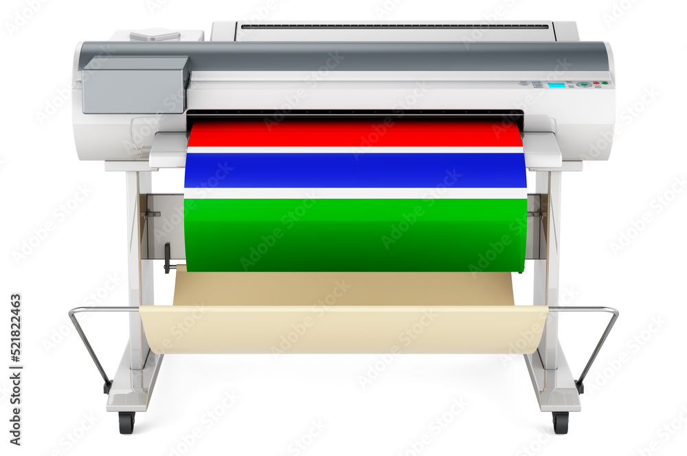 Poster wide format printer, plotter with gambia flag. 3d rendering