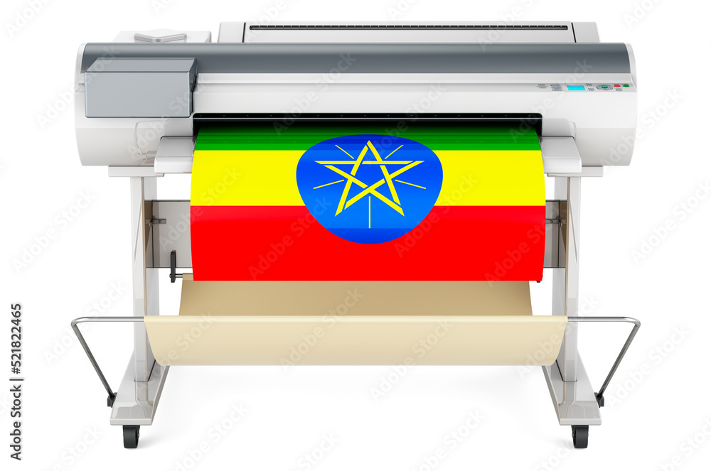 Poster wide format printer, plotter with ethiopian flag. 3d rendering