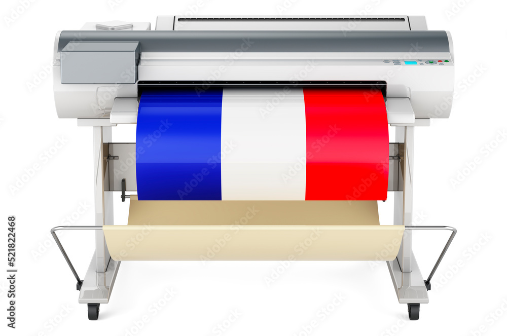 Poster wide format printer, plotter with french flag. 3d rendering
