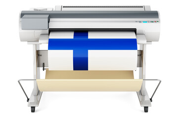 Wide format printer, plotter with Finnish flag. 3D rendering