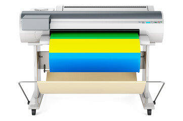 Wide format printer, plotter with Gabonese flag. 3D rendering